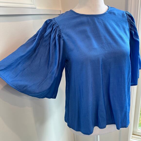 FRNCH Blue XS Prairie Cottagecore Wide Sleeve Keyhole Silk-Feel Blouse Shirt - Picture 3 of 6